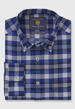Tailored Fit Navy, Blue and White Check Washed Oxford Cotton Shirt