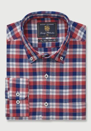 Tailored Fit Red, Blue and White Check Washed Oxford Cotton Shirt