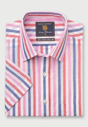Regular Fit Blue, Rose and Pink Stripe Short Sleeve Linen Cotton Shirt