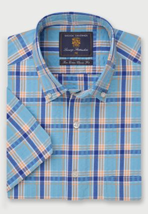 Regular Fit Turquoise Check Seersucker Short Sleeve Cotton Shirt