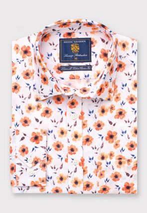 Regular Fit Orange Flower Print Linen Cotton Shirt