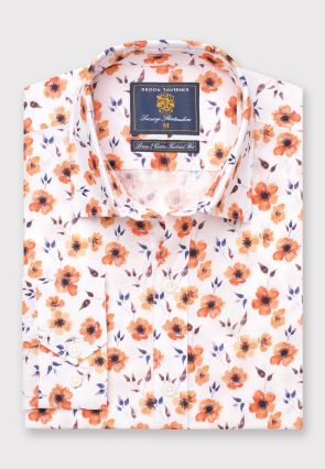 Tailored Fit Orange Flower Print Linen Cotton Shirt