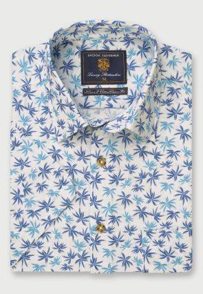 Regular Fit Blue and Turquoise Palm Print Short Sleeve Linen Cotton Shirt