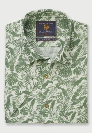 Regular Fit Sage Leaf Print Short Sleeve Linen Cotton Shirt