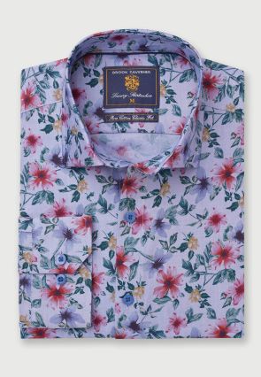 Tailored Fit Ice Blue Floral Print Cotton Shirt