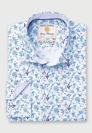 Regular Fit Blue and Purple Floral Print Cotton Stretch Shirt