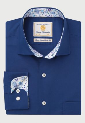 Regular Fit Navy Herringbone Cotton Stretch Shirt