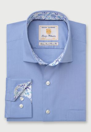 Regular Fit Mid Blue Herringbone Cotton Stretch Shirt
