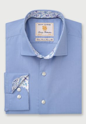 Tailored Fit Mid Blue Herringbone Cotton Stretch Shirt