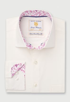 Tailored Fit Ivory Herringbone Cotton Stretch Shirt
