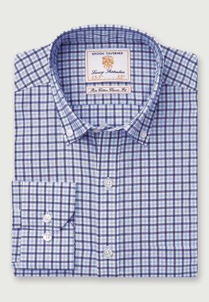 Regular Fit Navy and Sky Blue Check Cotton-Rich Oxford Shirt