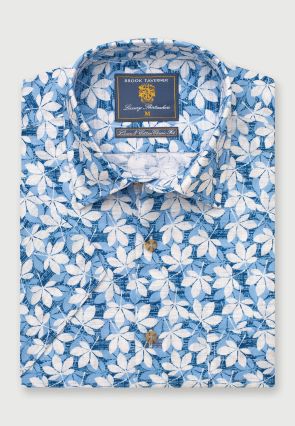 Regular Fit Blue Floral Print Linen Cotton Short Sleeve Shirt