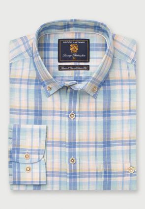 Regular Fit Mint Blue and Yellow Check Linen Cotton Shirt