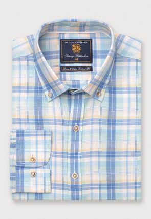 Tailored Fit Mint Blue and Yellow Check Linen Cotton Shirt