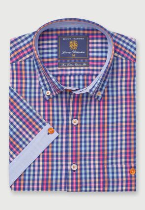 Regular Fit Navy Check Cotton Short Sleeve Shirt