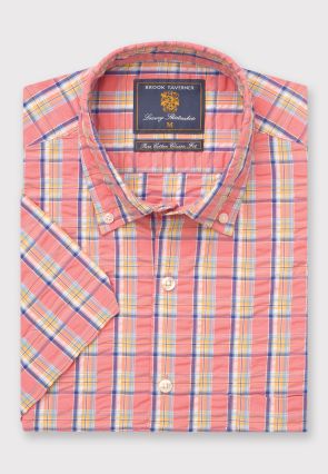 Regular Fit Coral Check Seersucker Cotton Short Sleeve Shirt
