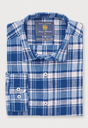 Tailored Fit Indigo Check Linen Cotton Shirt
