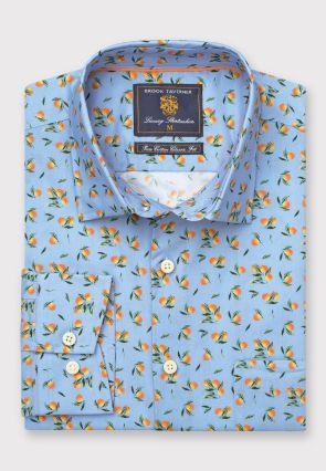Regular Fit Sky Blue with Oranges Print Cotton Shirt