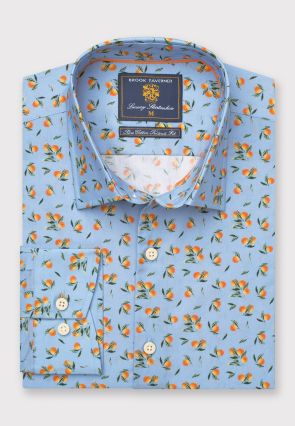Tailored Fit Sky Blue with Oranges Print Cotton Shirt