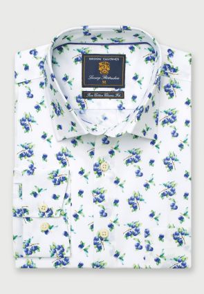 Regular Fit White with Plums Print Cotton Shirt
