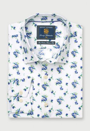 Tailored Fit White with Plums Print Cotton Shirt