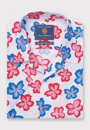 Regular Fit Red and Blue Flower Print Short Sleeve Cotton Shirt