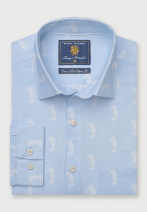 Regular Fit Blue with Seahorses Print Linen Cotton Shirt