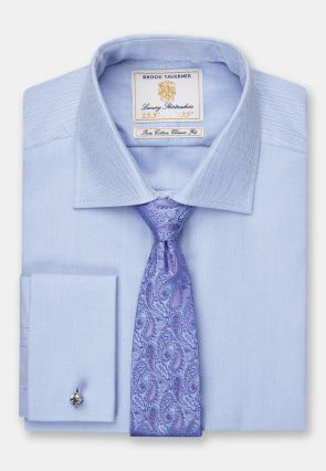 Tailored Fit Double Cuff Blue Herringbone Cotton Shirt
