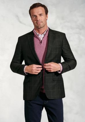Regular Fit Bale Olive Check Wool Linen Jacket - British Fabric