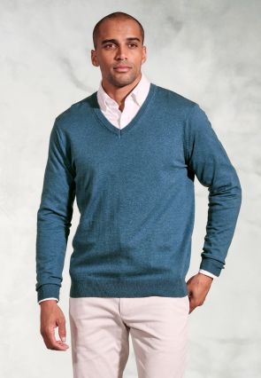 Berlin Teal Cotton Merino V-Neck Jumper