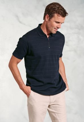 Chalamet Navy Popcorn Texture Stripe Zip Neck Polo Shirt