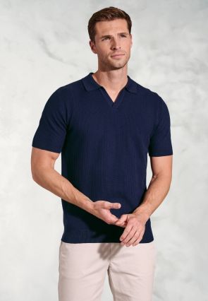 Clift Navy Notch Neck Leno Knit Cotton Polo Shirt