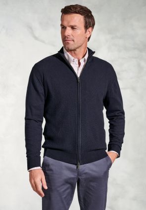 Connery Navy Ripple Stitch Zip Through Cardigan