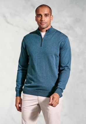 Copenhagen Teal Cotton Merino Zip Neck Jumper