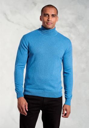 Cornwall Sea Blue Cotton Merino Roll Neck Jumper