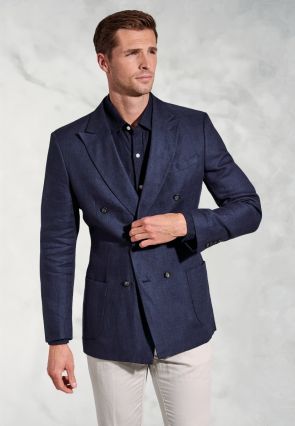 Tailored Fit Costner Navy Pure Linen Double Breasted Jacket
