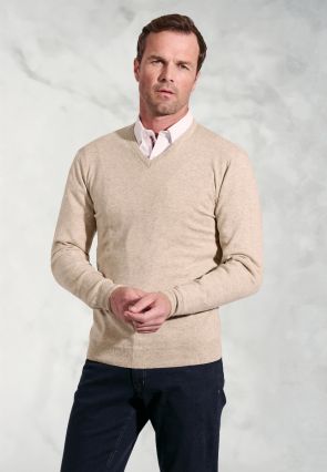 Dorset Stone Cotton Merino V-Neck Jumper