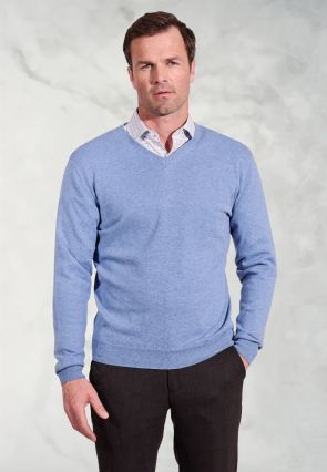 Dorset Sky Blue Cotton Merino V-Neck Jumper