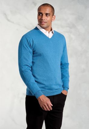 Dorset Sea Blue Cotton Merino V-Neck Jumper
