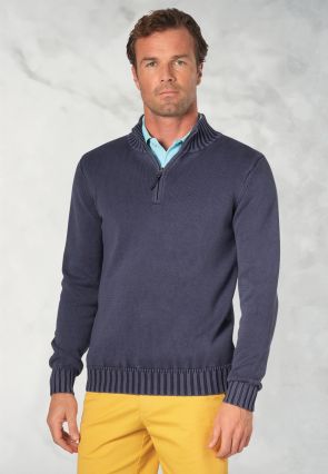Edmonds Navy Washed Cotton Zip Neck Jumper