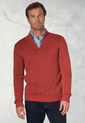 Edmonds Red Washed Cotton Zip Neck Jumper