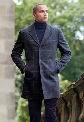 Haincliffe Blue Overcheck Tweed Wool Overcoat
