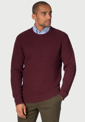 Lune Wine Lambswool Lattice Stitch Crew Neck Jumper