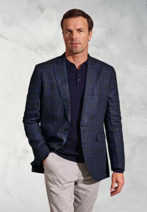 Tailored Fit Pacino Navy Check Pure Linen Peak Lapel Jacket