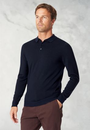 Plockton Navy Merino Wool Long Sleeve Polo Shirt
