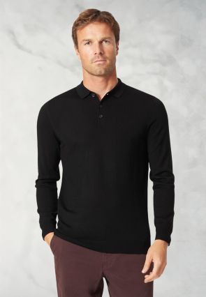 Plockton Black Merino Wool Long Sleeve Polo Shirt