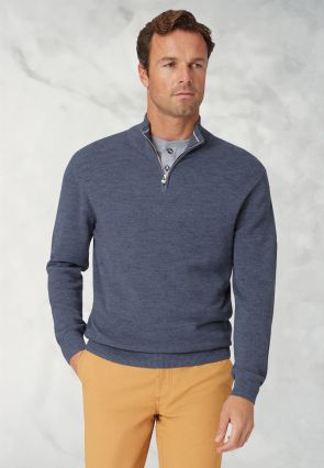 Ricky Denim Blue Pique Knit Zip Neck Jumper