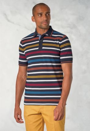 Sandham Pure Cotton Navy Stripe Pique Polo Shirt