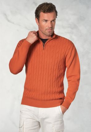 Sharpe Apricot Cotton Cable Knit Zip Neck Jumper