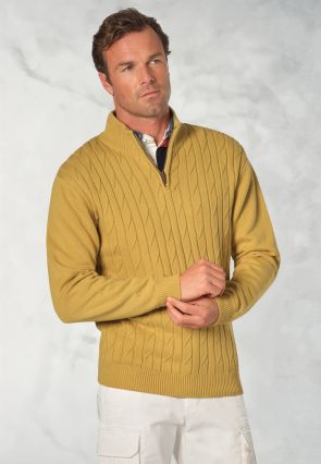 Sharpe Lemon Cotton Cable Knit Zip Neck Jumper